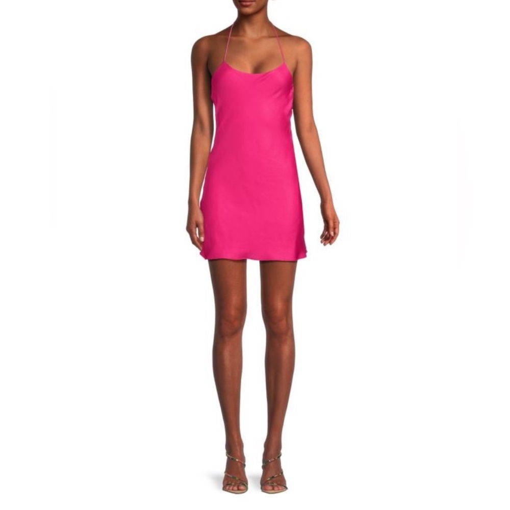Line and Dot Halterneck Satin Hot Pink Mini Dress XS